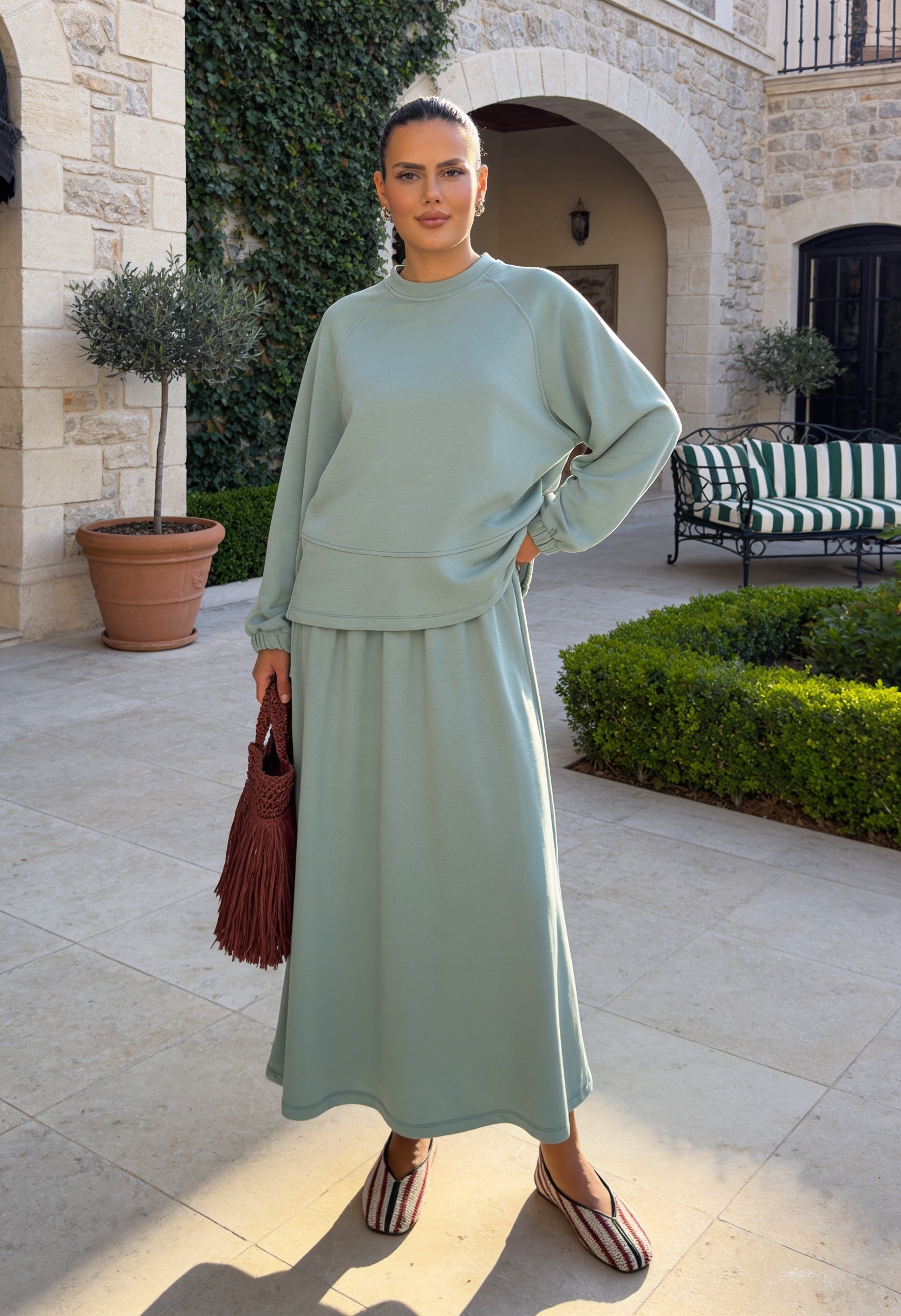 Mihra  Modal Kumaş Oversize Etekli Takım  Mintyeşil