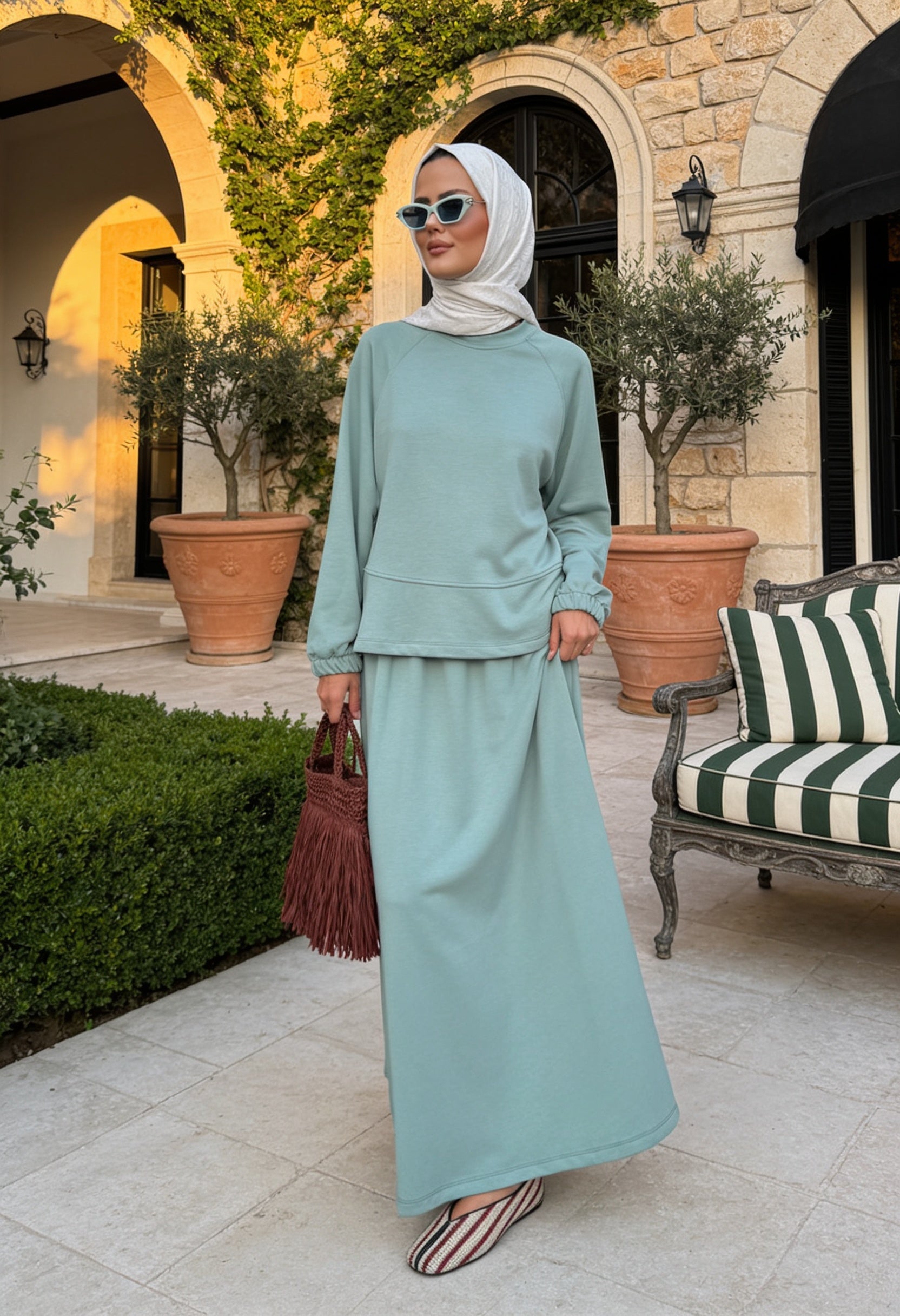Mihra  Modal Kumaş Oversize Etekli Takım  Mintyeşil