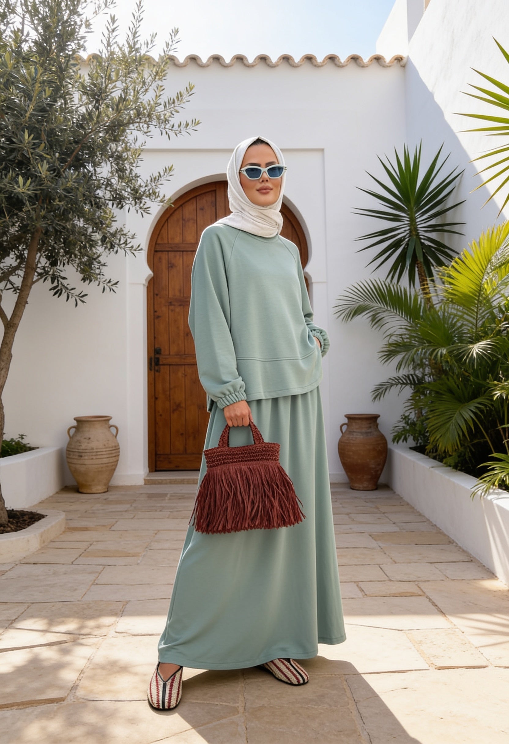 Mihra  Modal Kumaş Oversize Etekli Takım  Mintyeşil