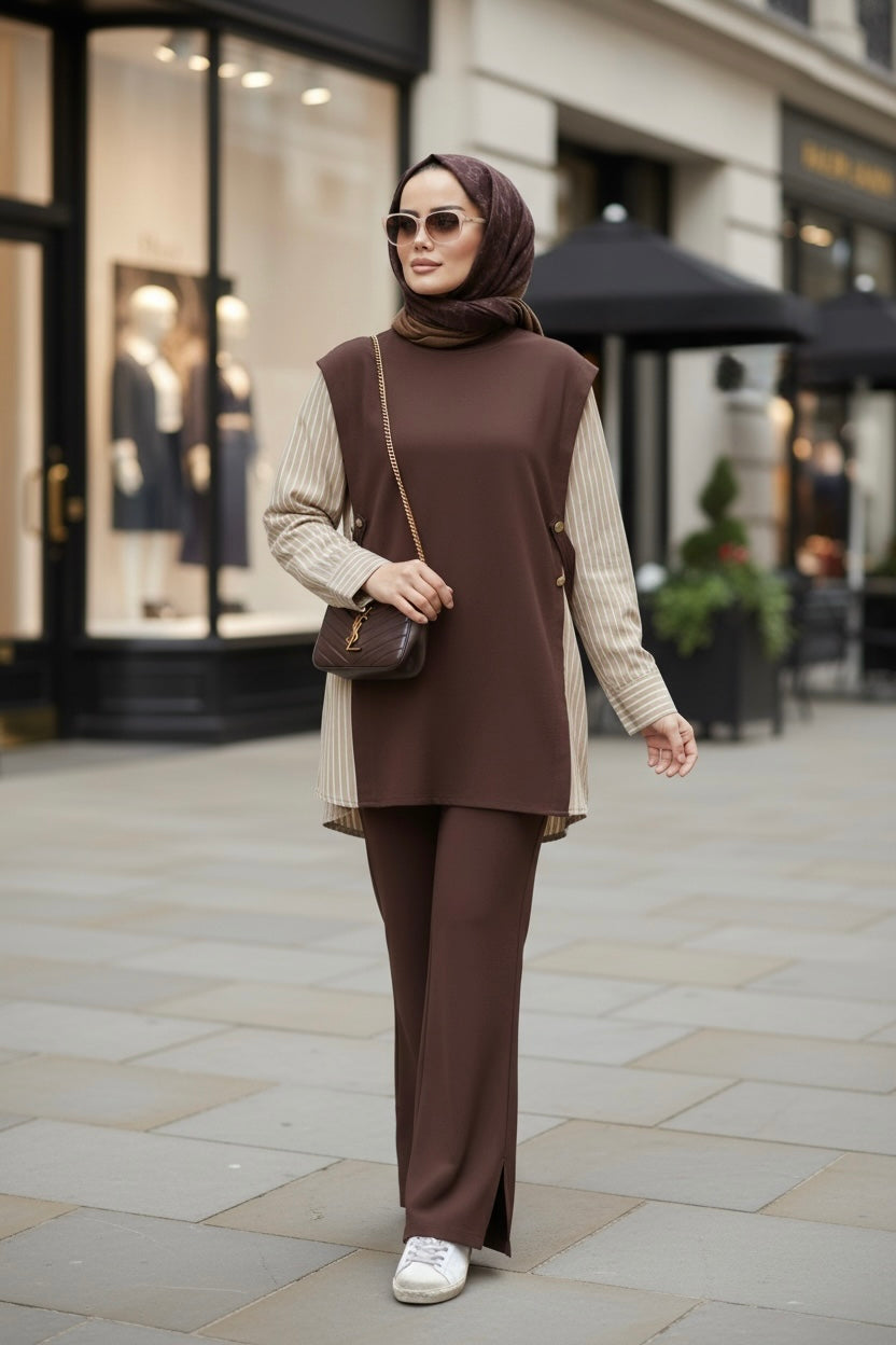 Liora Women's Modest Two-Piece Set – Cotton Two-Thread Shirt Detail - Bitter Brown