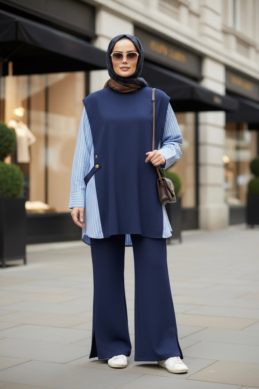 Liora Women's Modest Two-Piece Set – Cotton Two-Thread Shirt Detail-Navy Blue