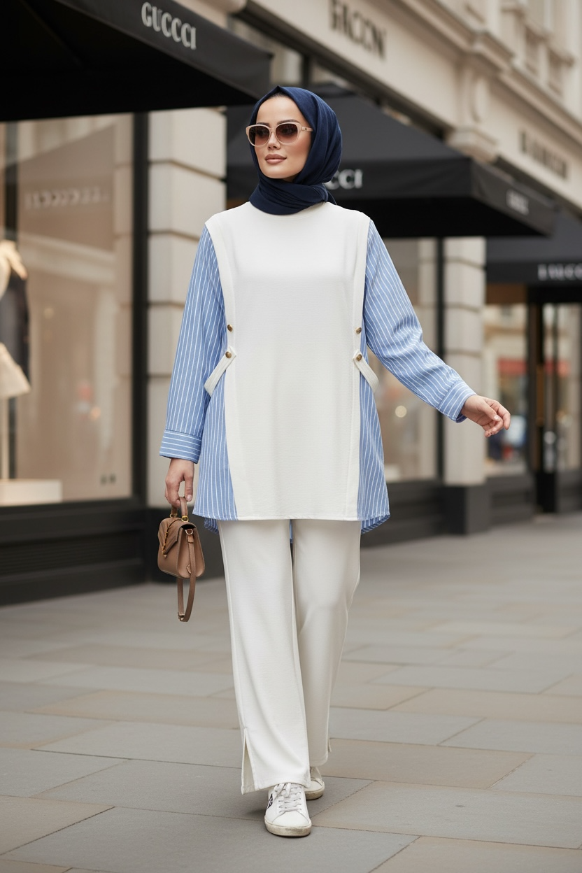 Liora Women's Modest Two-Piece Set – Cotton Two-Thread Shirt Detailed-Ecru