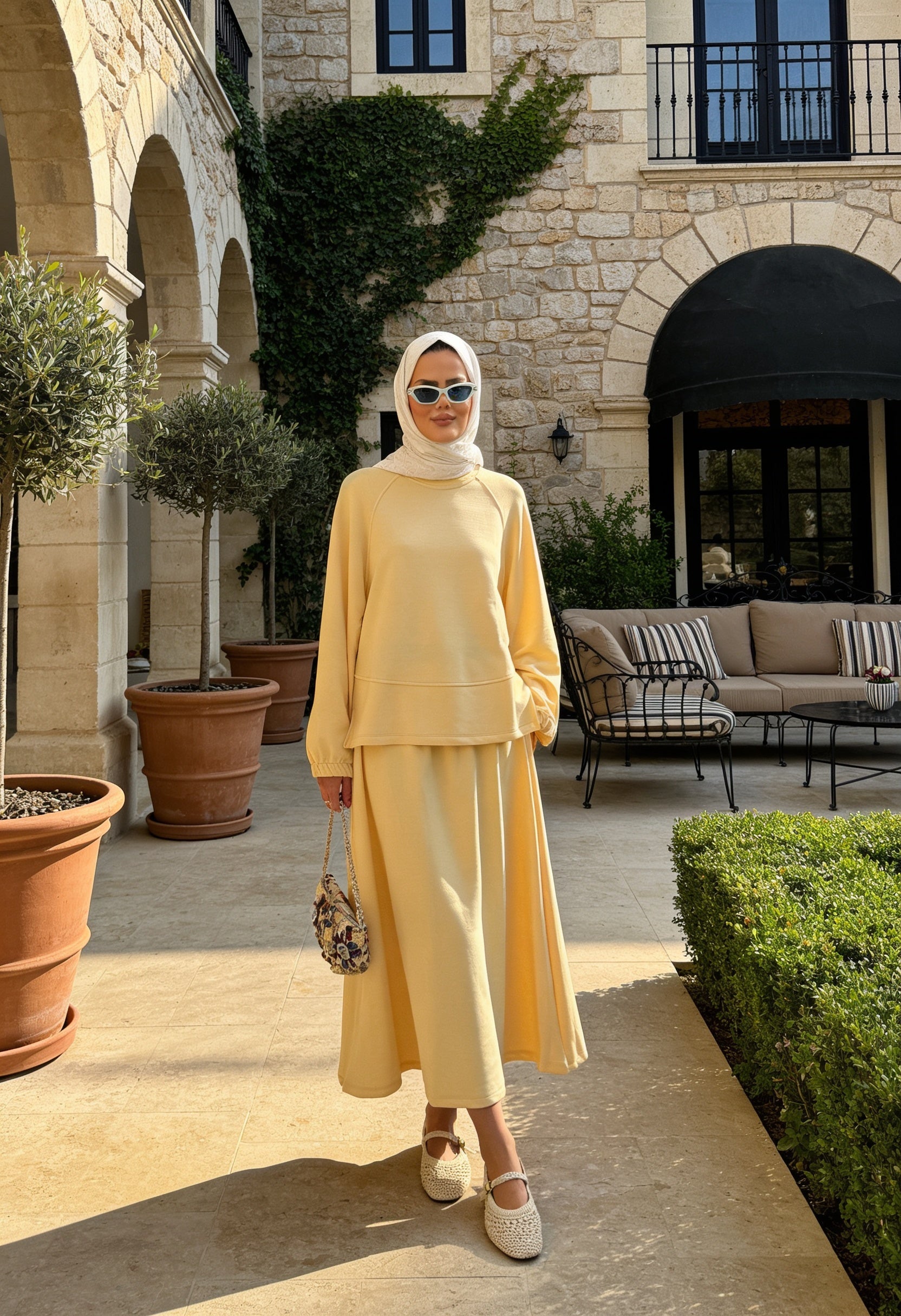 Mihra  Modal Kumaş Oversize Etekli Takım  Sarı