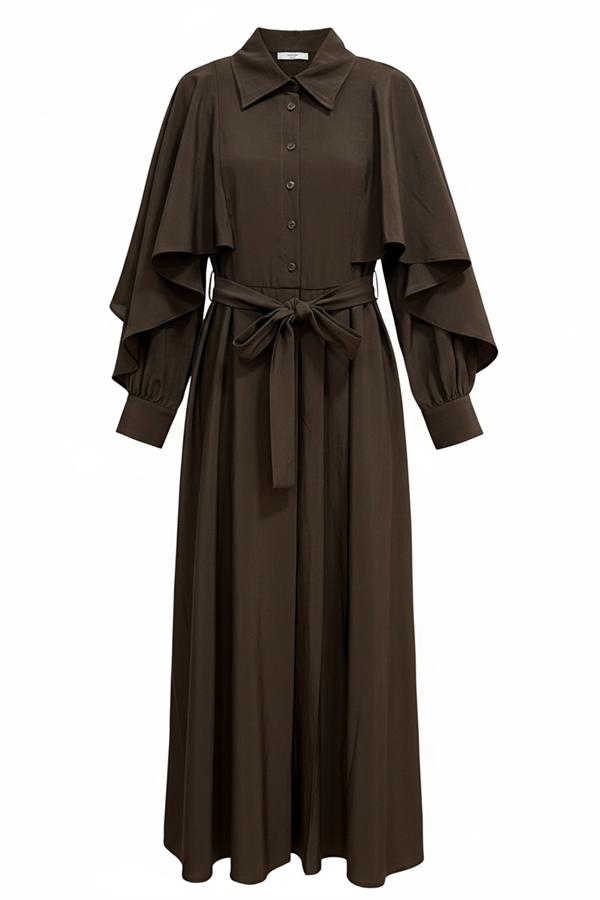 Aurelia Pelerin Detaylı Tencel Elbise – Acıkahve