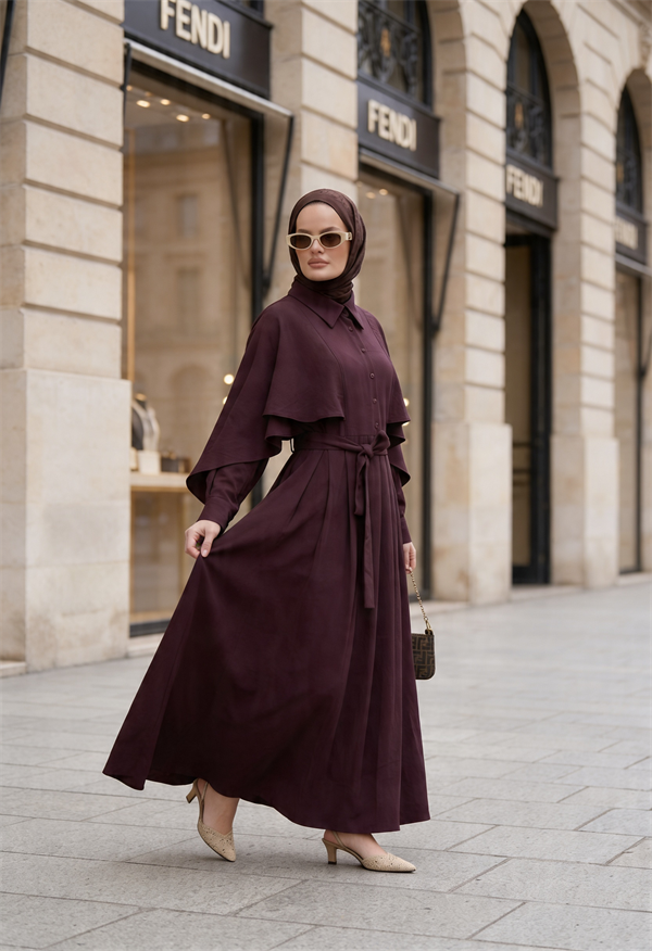 Aurelia Pelerin Detaylı Tencel Elbise – Mürdüm