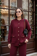 Oslo Thessaloniki Fabric Cardigan Two-Piece Set – Oversized Fit – Winter Modest Set Burgundy