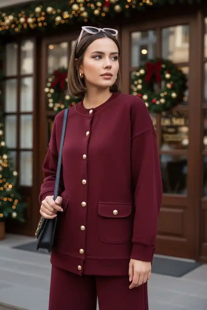 Oslo Thessaloniki Fabric Cardigan Two-Piece Set – Oversized Fit – Winter Modest Set Burgundy