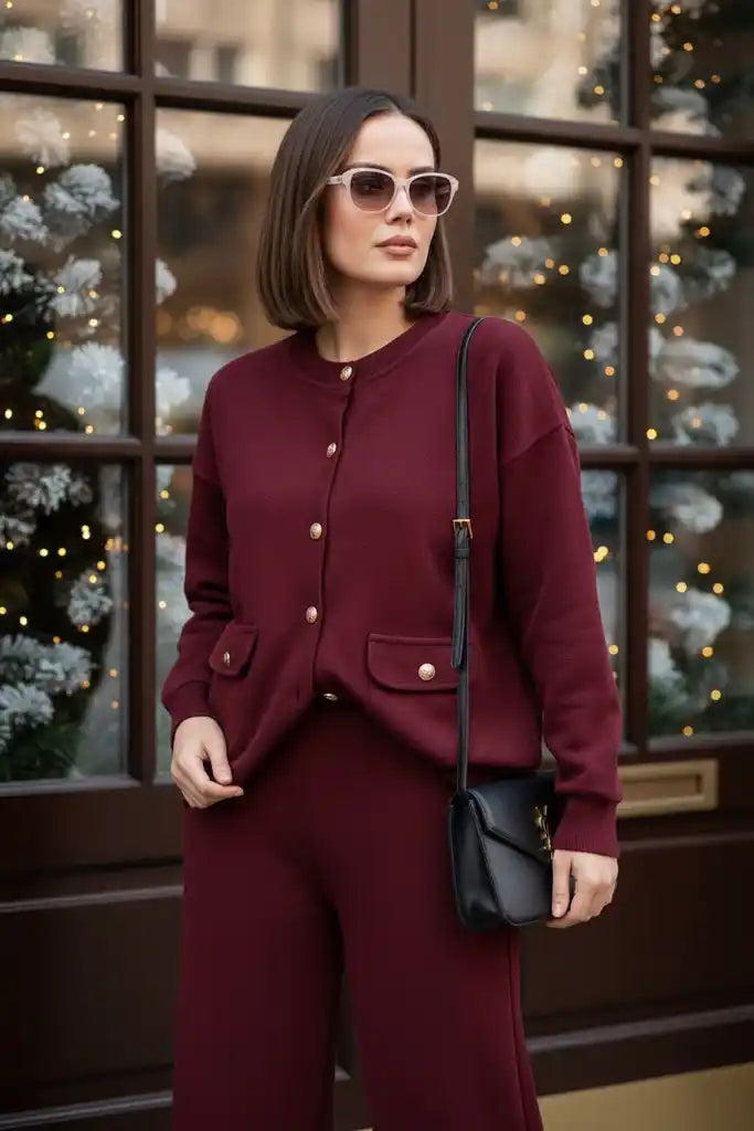 Oslo Thessaloniki Fabric Cardigan Two-Piece Set – Oversized Fit – Winter Modest Set Burgundy