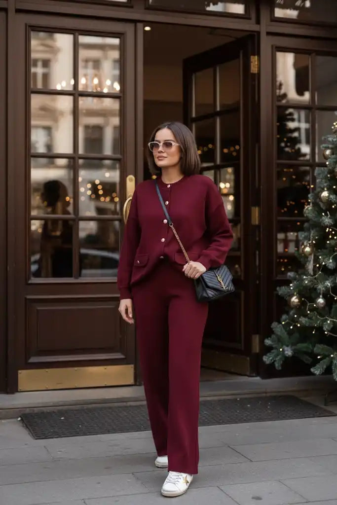 Oslo Thessaloniki Fabric Cardigan Two-Piece Set – Oversized Fit – Winter Modest Set Burgundy