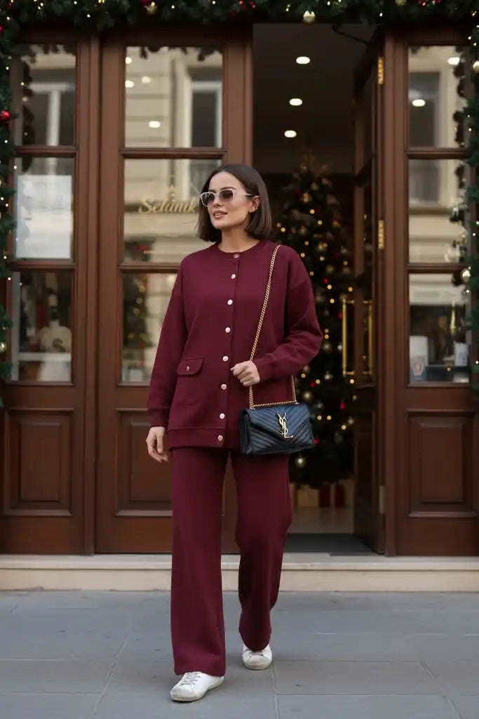 Oslo Thessaloniki Fabric Cardigan Two-Piece Set – Oversized Fit – Winter Modest Set Burgundy