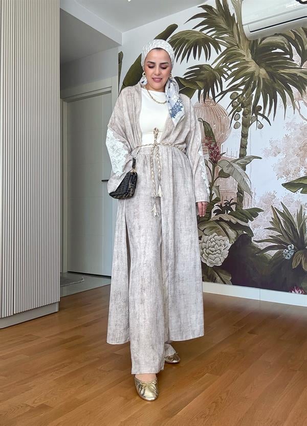Kimona Pamuklu Kemerli Tunik Takım Bej