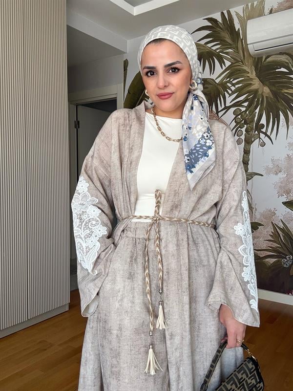 Kimona Pamuklu Kemerli Tunik Takım Bej