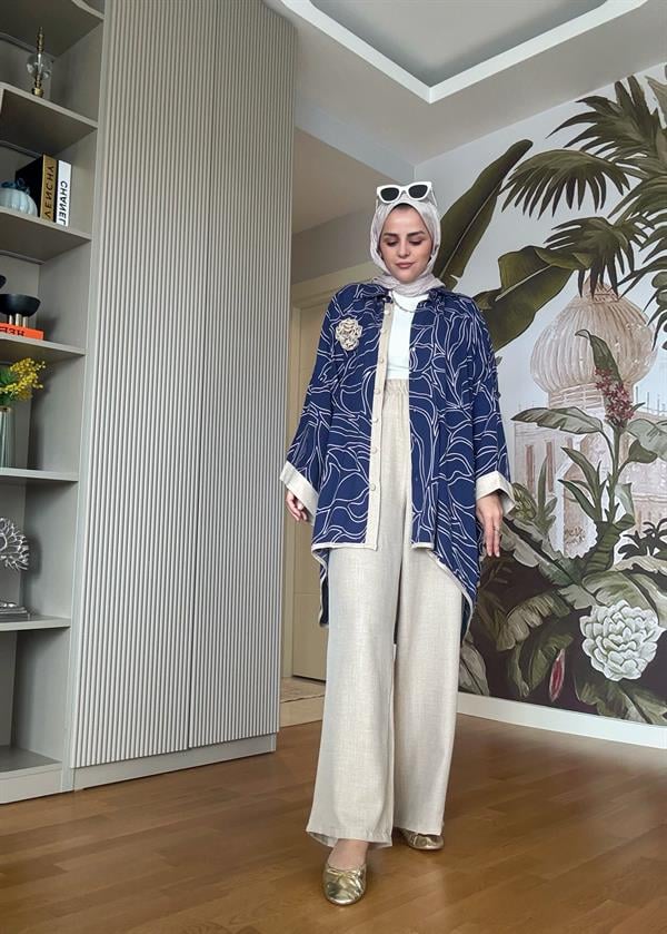 Kimona Gömlek Çiçek Broşlu Pamuk Keten Takım Bej