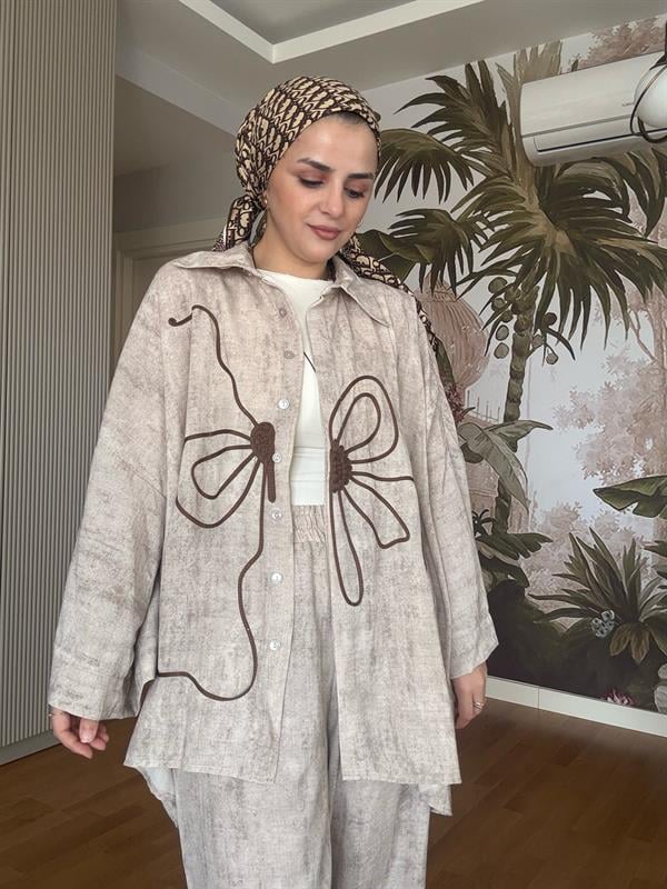 Kolyeli Pamuklu Desenli Kimona Gömlek Takım Bej