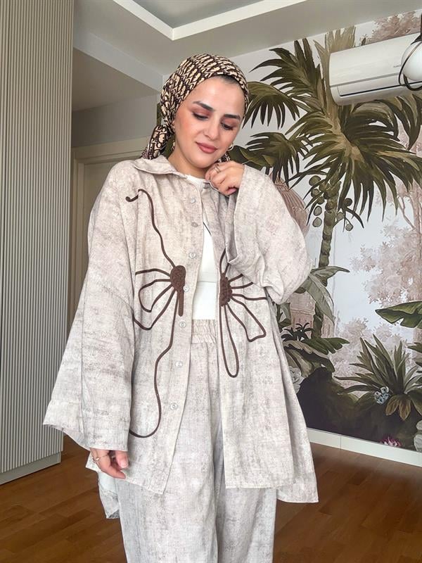 Kolyeli Pamuklu Desenli Kimona Gömlek Takım Bej