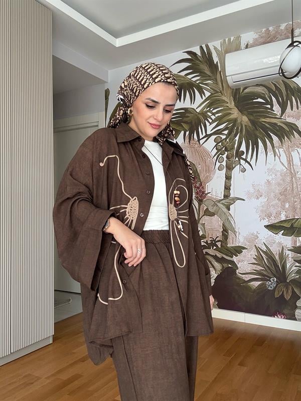 Kolyeli Pamuklu Desenli Kimona Gömlek Takım Acıkahve