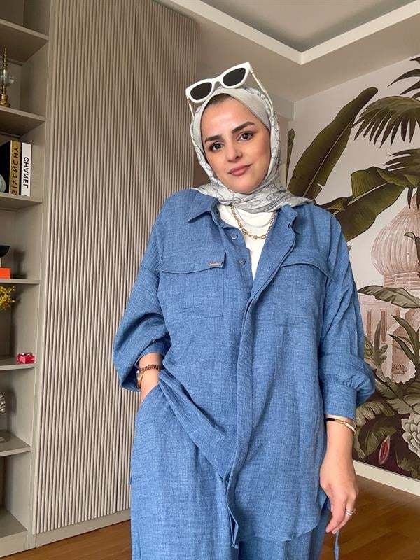 Cepli Pamuk Keten Gömlek Pantolon Takım Mavi