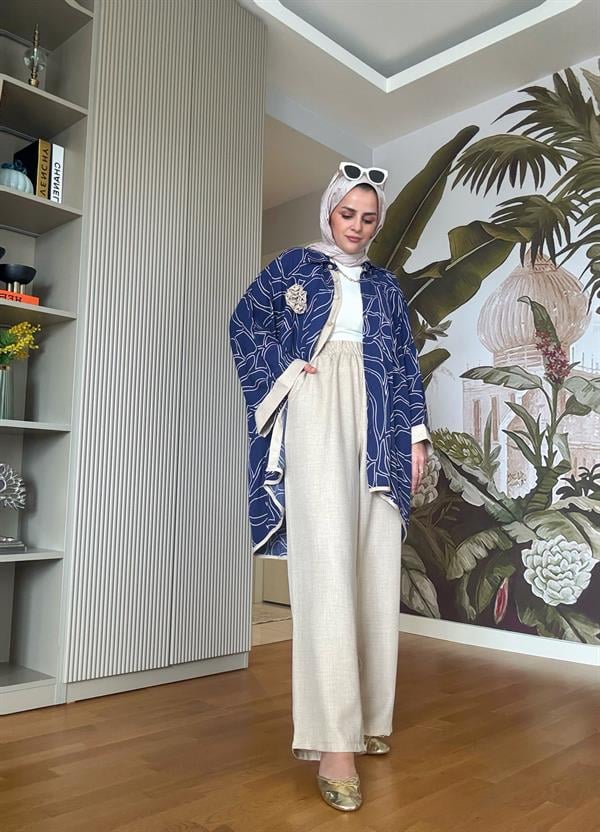 Kimona Gömlek Çiçek Broşlu Pamuk Keten Takım Bej
