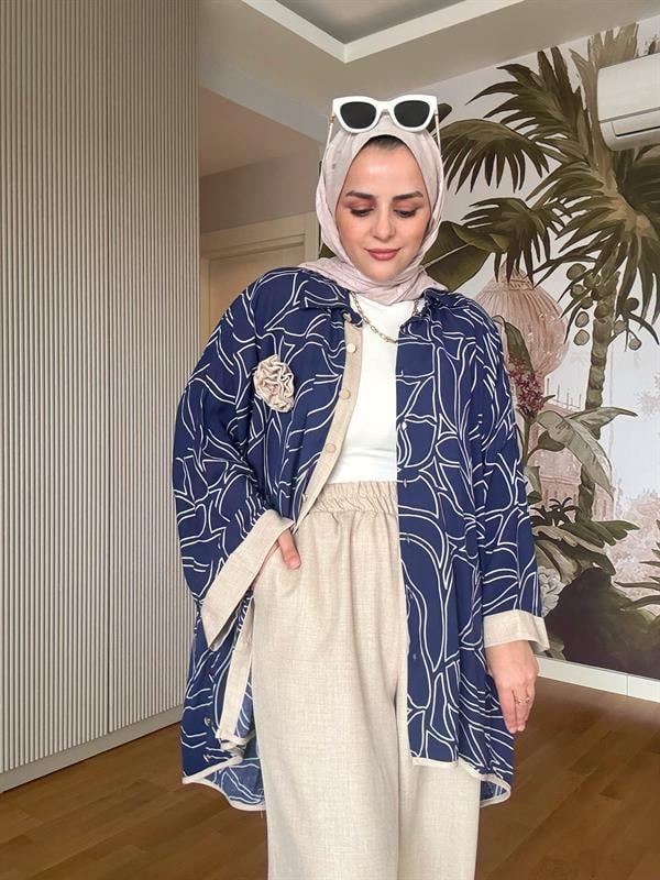 Kimona Gömlek Çiçek Broşlu Pamuk Keten Takım Bej