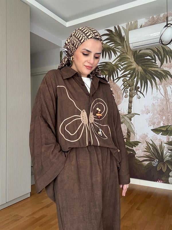 Kolyeli Pamuklu Desenli Kimona Gömlek Takım Acıkahve