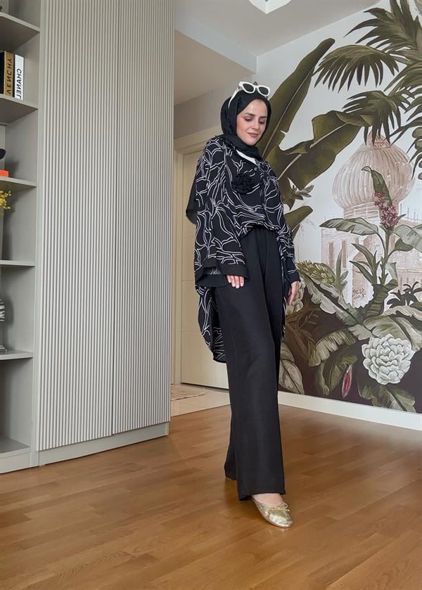 Kimona Gömlek Çiçek Broşlu Pamuk Keten Takım Siyah
