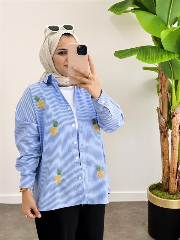 Çizgili Desen Poplin Ananas Nakışlı Gömlek Mavi