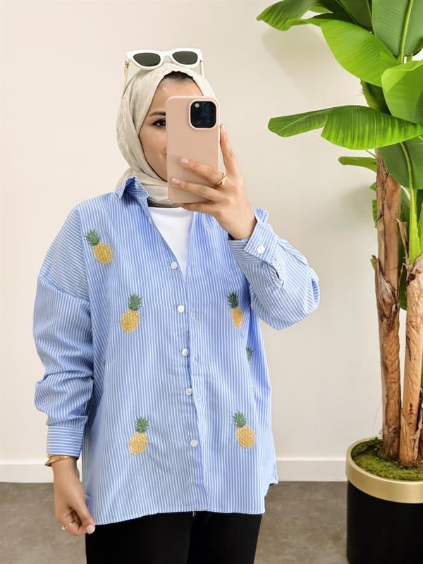 Çizgili Desen Poplin Ananas Nakışlı Gömlek Mavi
