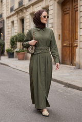 Elara Çift Kemerli Tencel Elbise-Hakiyeşil