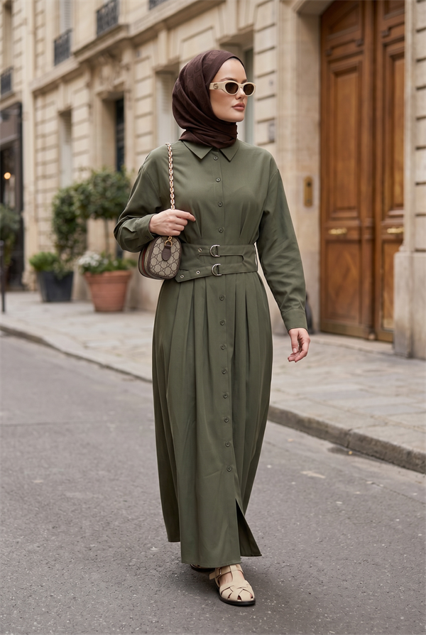 Elara Çift Kemerli Tencel Elbise-Hakiyeşil