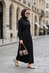 Elara Çift Kemerli Tencel Elbise-Siyah