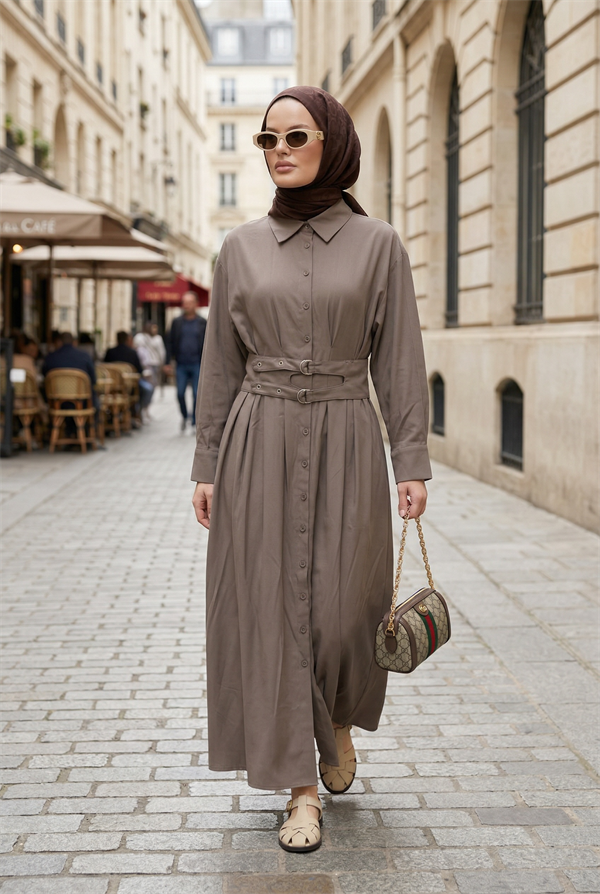 Elara Çift Kemerli Tencel Elbise-Vizon