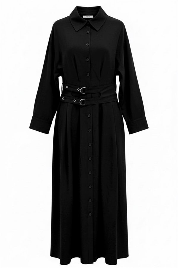 Elara Çift Kemerli Tencel Elbise-Siyah