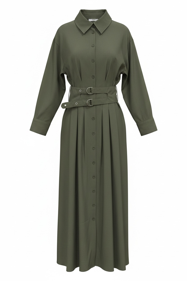 Elara Çift Kemerli Tencel Elbise-Hakiyeşil