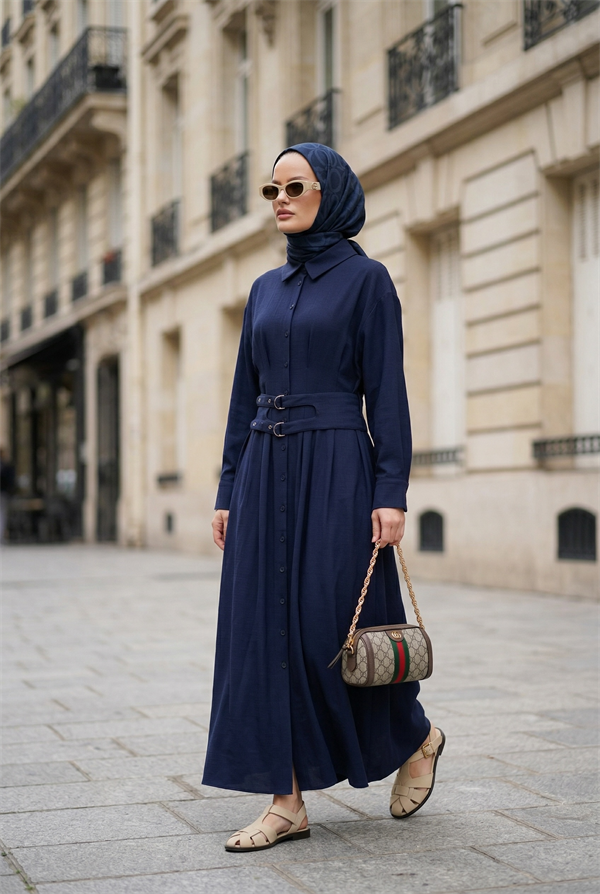 Elara Çift Kemerli Tencel Elbise-Lacivert