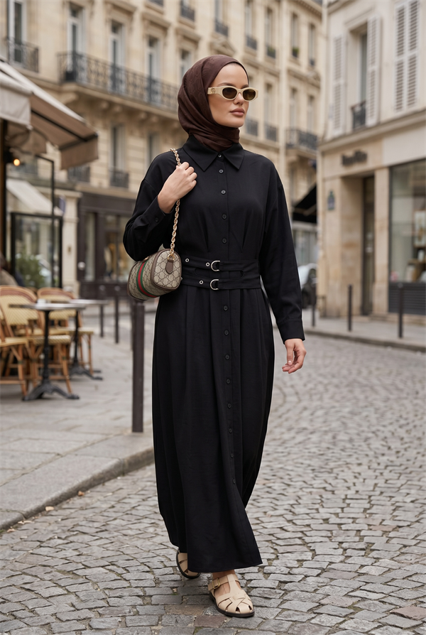 Elara Çift Kemerli Tencel Elbise-Siyah