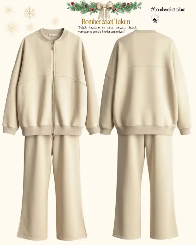 3-Thread Brushed Bomber Two-Piece Modest Set | Cotton Comfortable Set Black