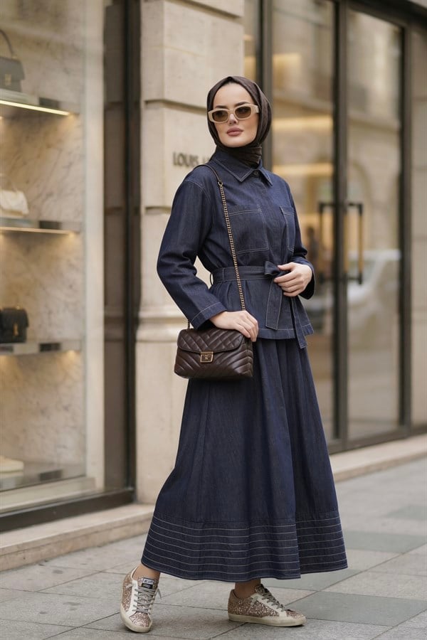Viera Tensel Denim Görünümlü Etek Takım Mavi