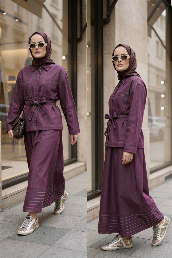 Viera Tensel Denim Görünümlü Etek Takım Bordo