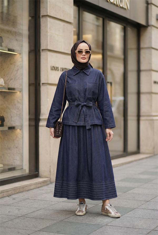 Viera Tensel Denim Görünümlü Etek Takım Mavi