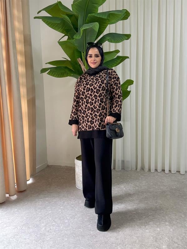 Leopar Desen Kışlık İkili Triko Takım Kahve