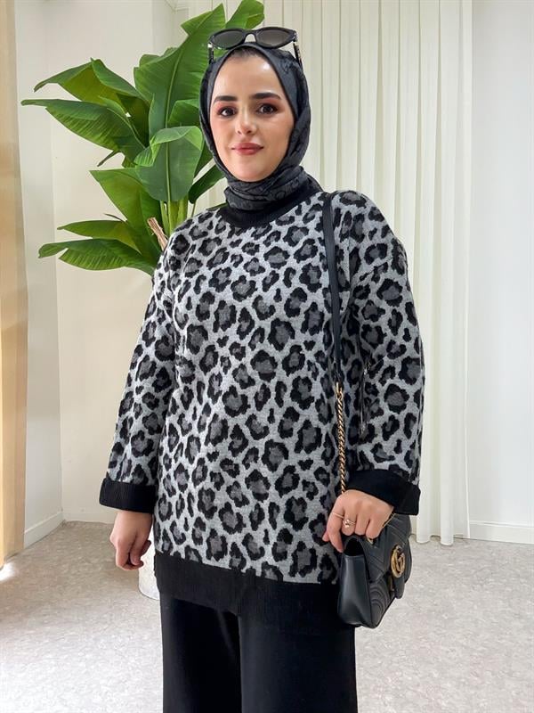 Leopar Desen Kışlık İkili Triko Takım Gri