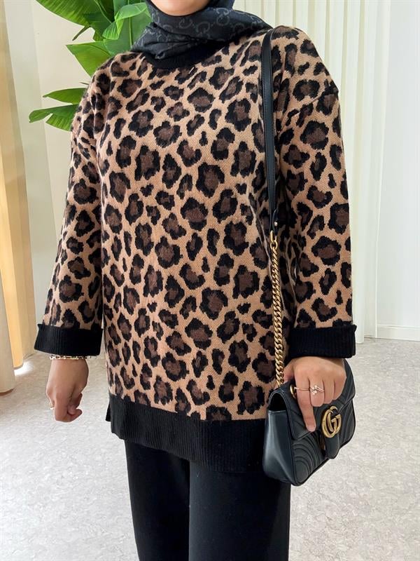 Leopar Desen Kışlık İkili Triko Takım Kahve