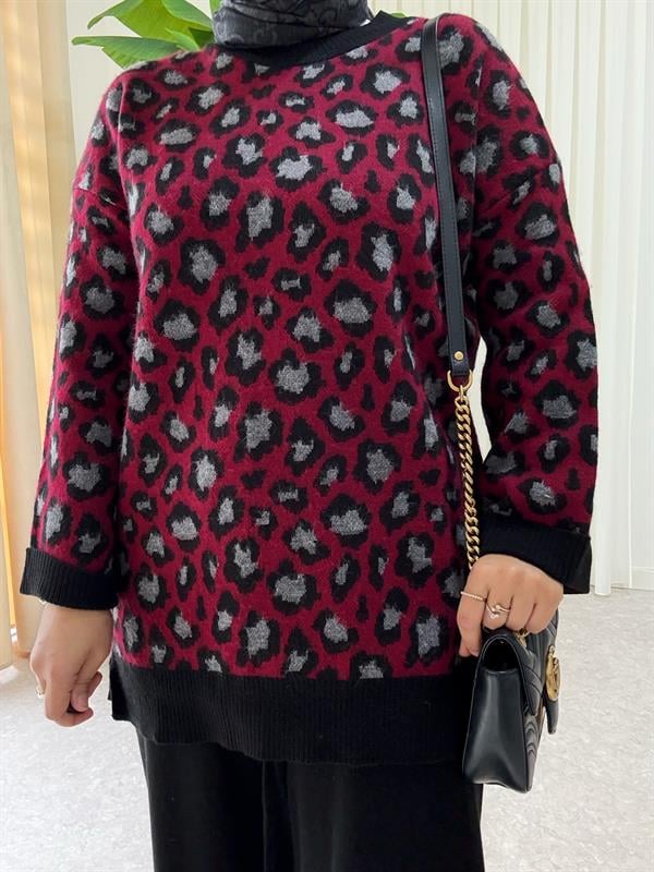 Leopar Desen Kışlık İkili Triko Takım Bordo