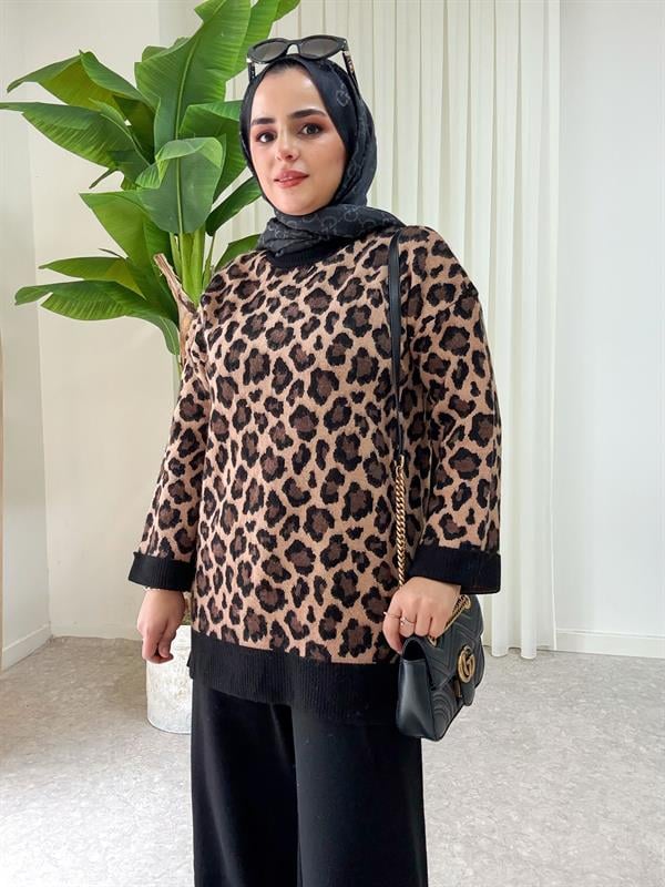 Leopar Desen Kışlık İkili Triko Takım Kahve