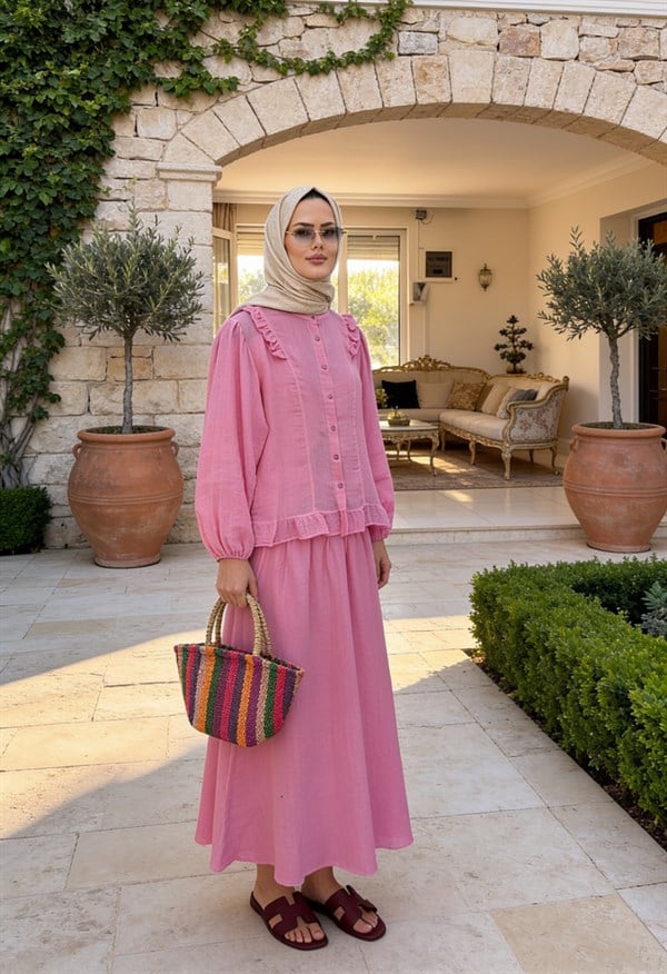Mira Fırfır Detaylı 4 Kat Müslin Etekli Takım – Pembe