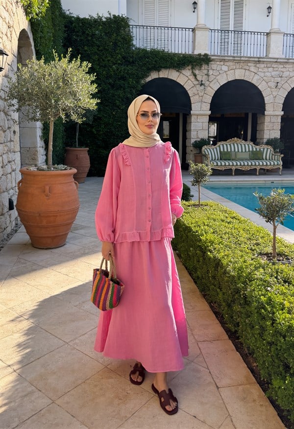Mira Fırfır Detaylı 4 Kat Müslin Etekli Takım – Pembe