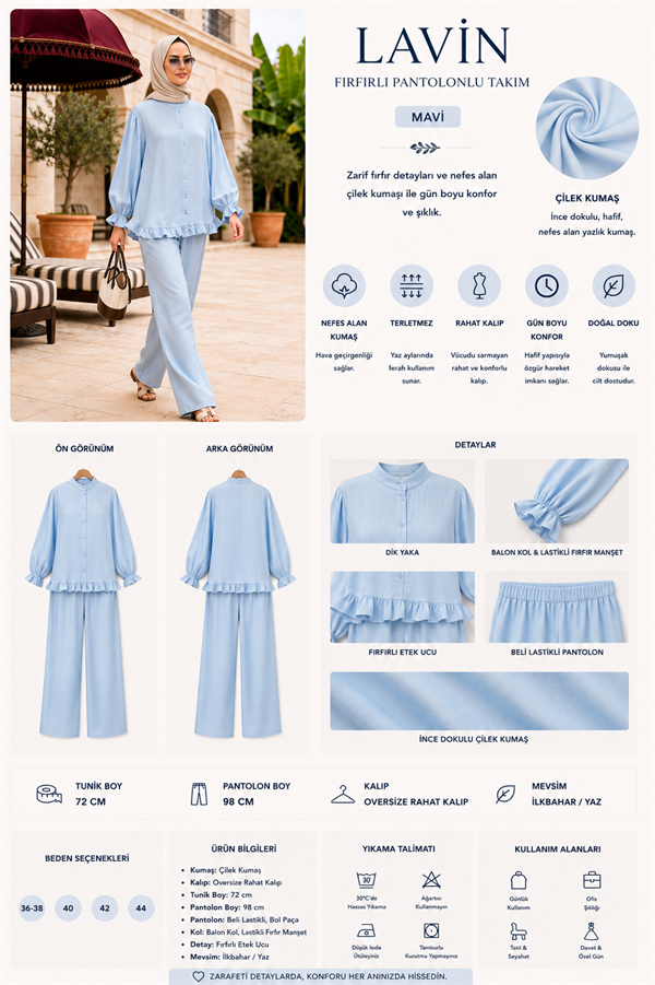 Lavin  Çilek Kumaş Fırfırlı Oversize Pantolonlu Takım-Mavi