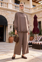 Lavin Strawberry Fabric Ruffled Oversize Pants Set - Mink