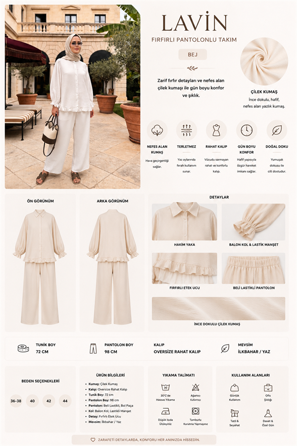 Lavin  Çilek Kumaş Fırfırlı Oversize Pantolonlu Takım-Bej