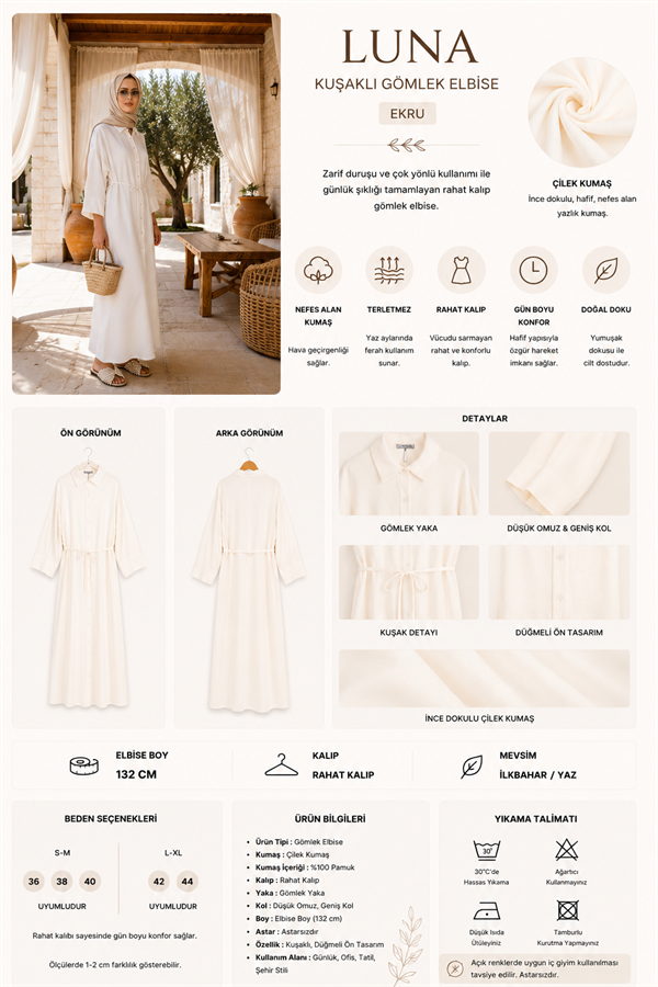Luna Kuşaklı Gömlek Elbise  Çilek Kumaş Yazlık Tesettür Elbise-Ekru